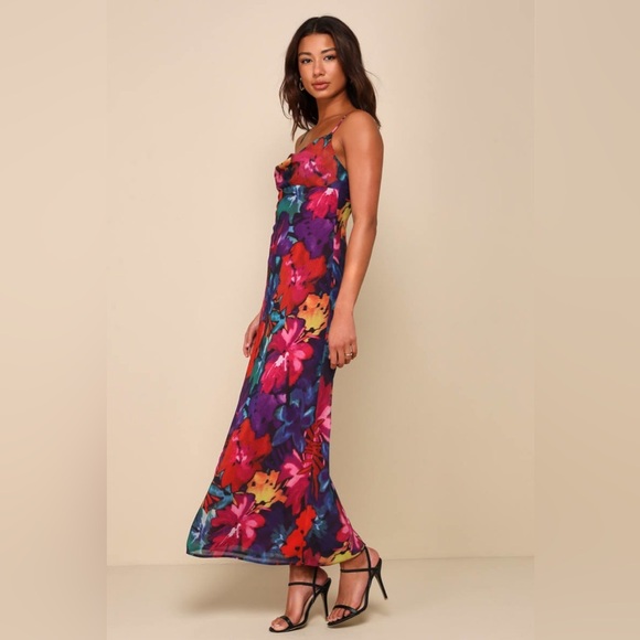 LULUS Meant to Amaze Black Multi Abstract Floral Cowl Slip Maxi Dress size M - Picture 4 of 9